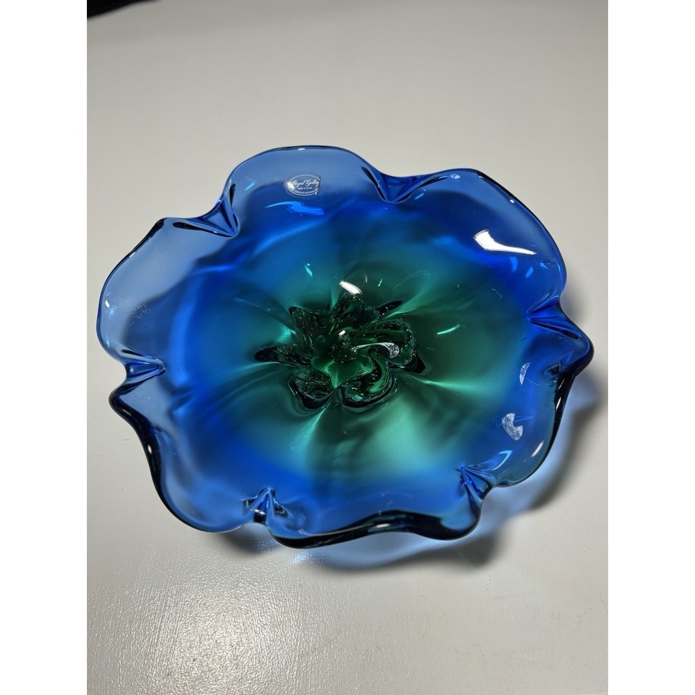 Royal Gallery Poland Art Glass Blown Blue Green Flower Bloom Bowl